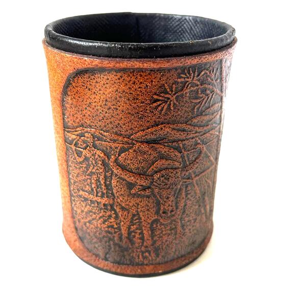 PETER PINDER Leather Pen Holder Brown Caribou Water Buffalo Bamboo 4" Felt - Picture 6 of 10